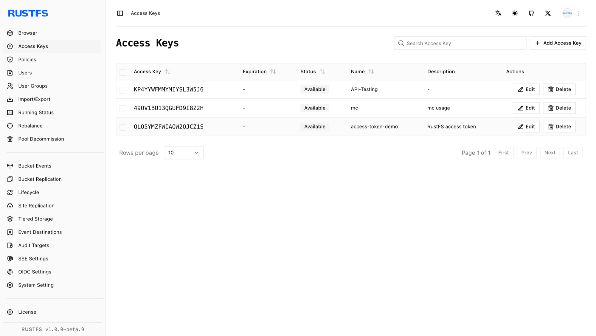 access key list page